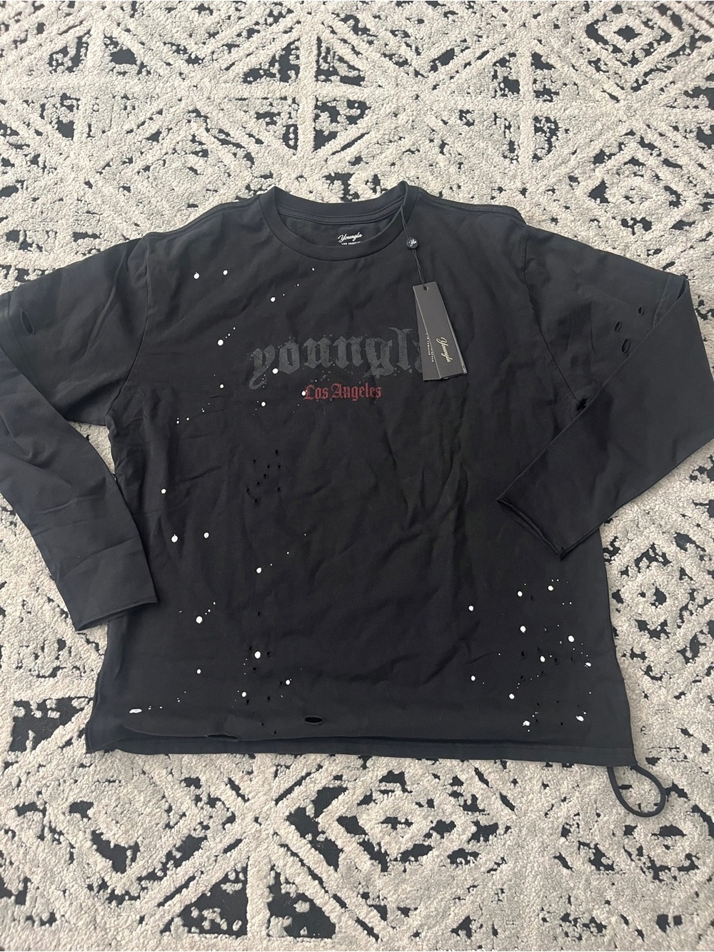 YoungLA Black Long Sleeve Distressed Paint-Splatter Tee